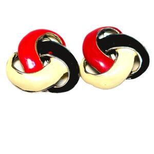 Vintage Red White Blue Large Enameled Knot Clip On Earrings